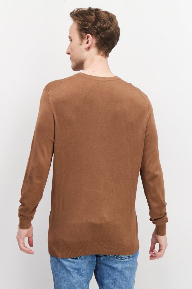 Celio Men V-Neck Plain Long Sleeves Sweatshirt, Brown - Image 4