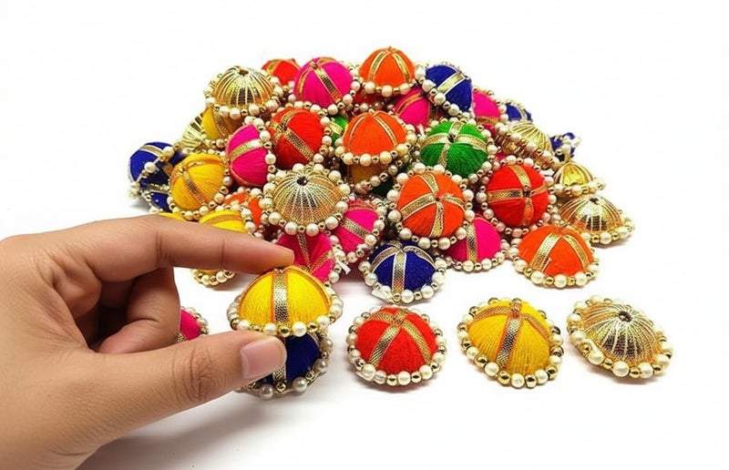 PRANSUNITA Multicolor Gota Jhumki Latkan Beads Caps for Art Work Diwali, Lohri, Vandanwar Ethnic Bangles, Handcrafted- Size – 1.5 inch - 40 Pcs - Image 3