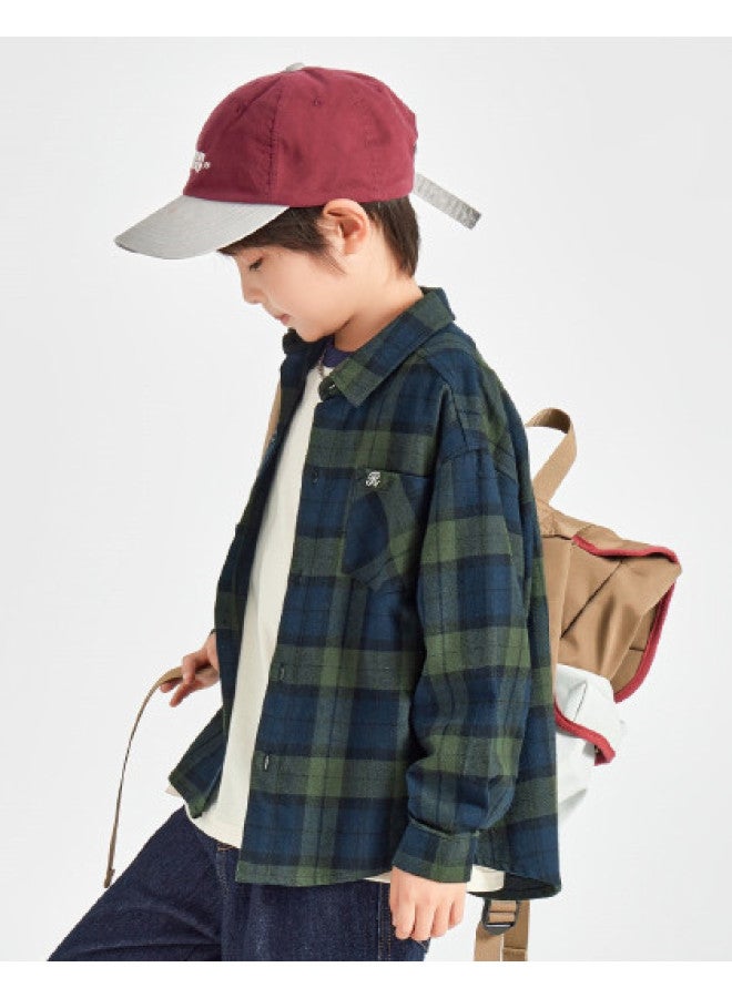 Soft Brushed Feel】boys' Shirt, Spring And Autumn Style, Handsome Retro Plaid Top, Pure Cotton Jacket For Medium To Large Children - Image 1