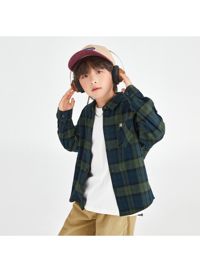Soft Brushed Feel】boys' Shirt, Spring And Autumn Style, Handsome Retro Plaid Top, Pure Cotton Jacket For Medium To Large Children - Image 5