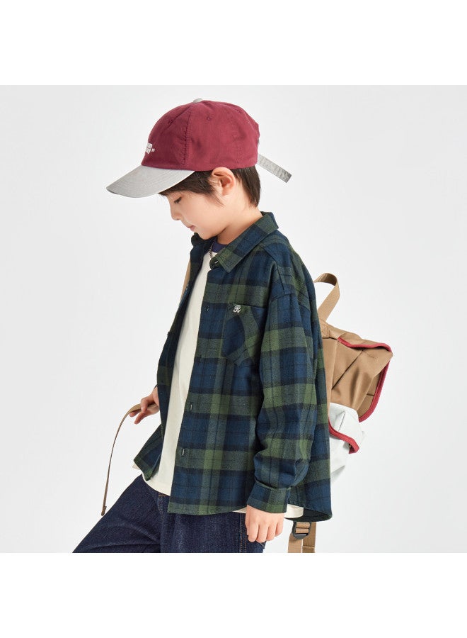 Soft Brushed Feel】boys' Shirt, Spring And Autumn Style, Handsome Retro Plaid Top, Pure Cotton Jacket For Medium To Large Children - Image 2