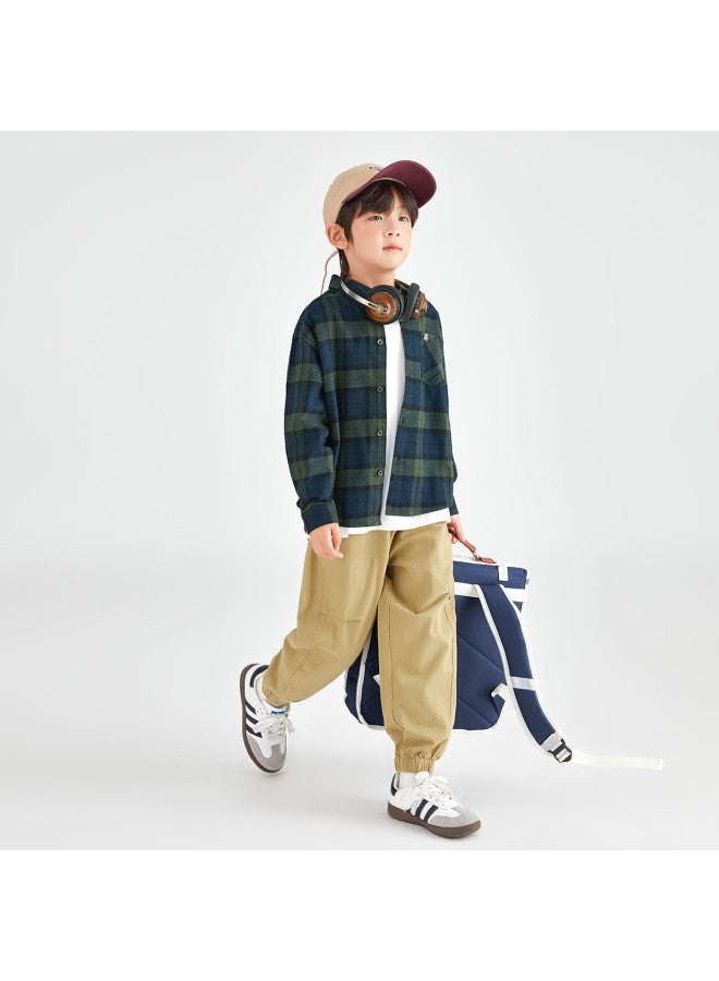 Soft Brushed Feel】boys' Shirt, Spring And Autumn Style, Handsome Retro Plaid Top, Pure Cotton Jacket For Medium To Large Children - Image 4