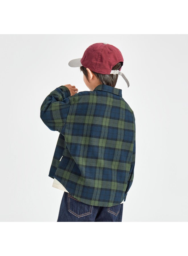 Soft Brushed Feel】boys' Shirt, Spring And Autumn Style, Handsome Retro Plaid Top, Pure Cotton Jacket For Medium To Large Children - Image 3
