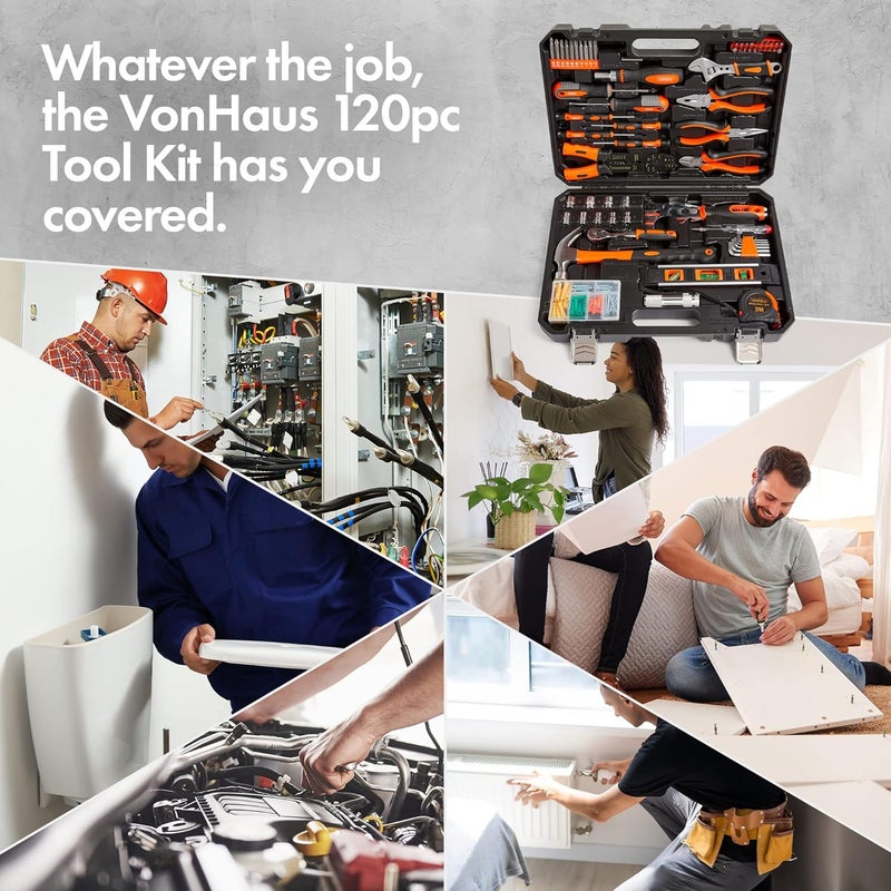VonHaus Ultimate 120 pcs Tool Kit - Comprehensive DIY Tool Box with Hand Tools, LED Torch, Hex Keys, and 3m Tape Measure - Image 2