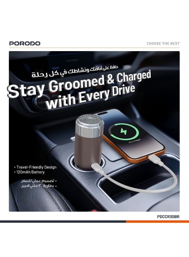 porodo Multifunctional Car Charger with Electric Shaver, PD 30W Fast Charging, 40min Working Time, Auto Off Function, Aluminum Alloy Stainless Material, One Button Operation, Travel Friendly, 6000RPM Motor - Brown - Image 2