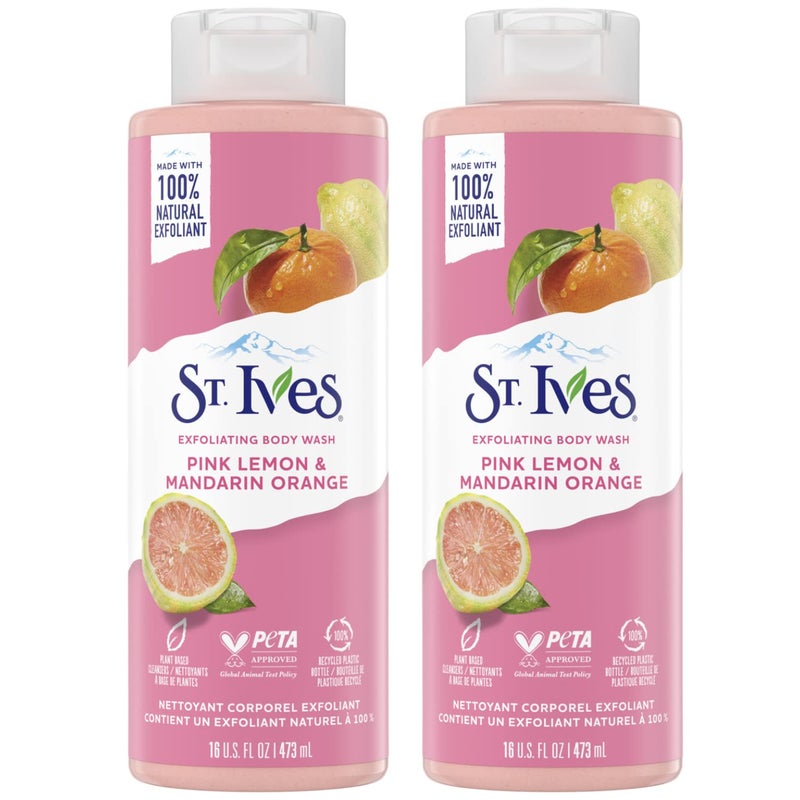 St. Ives Exfoliating Body Wash, Pink Lemon & Mandarin Orange 2-Pack â€“ Made with 100% Natural Exfoliants for Glowing Skin, 16 Oz Ea - Image 1
