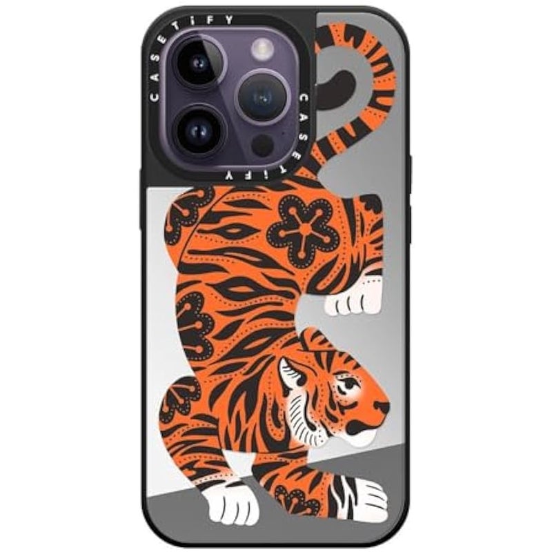 Casetify Mirror Case for iPhone 14 Pro Compatible with Magsafe - Fierce Tiger - Silver on Black - Image 4
