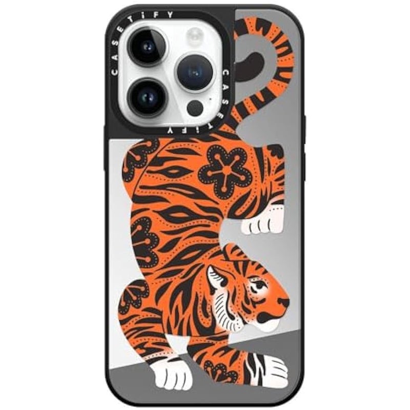 Casetify Mirror Case for iPhone 14 Pro Compatible with Magsafe - Fierce Tiger - Silver on Black - Image 1