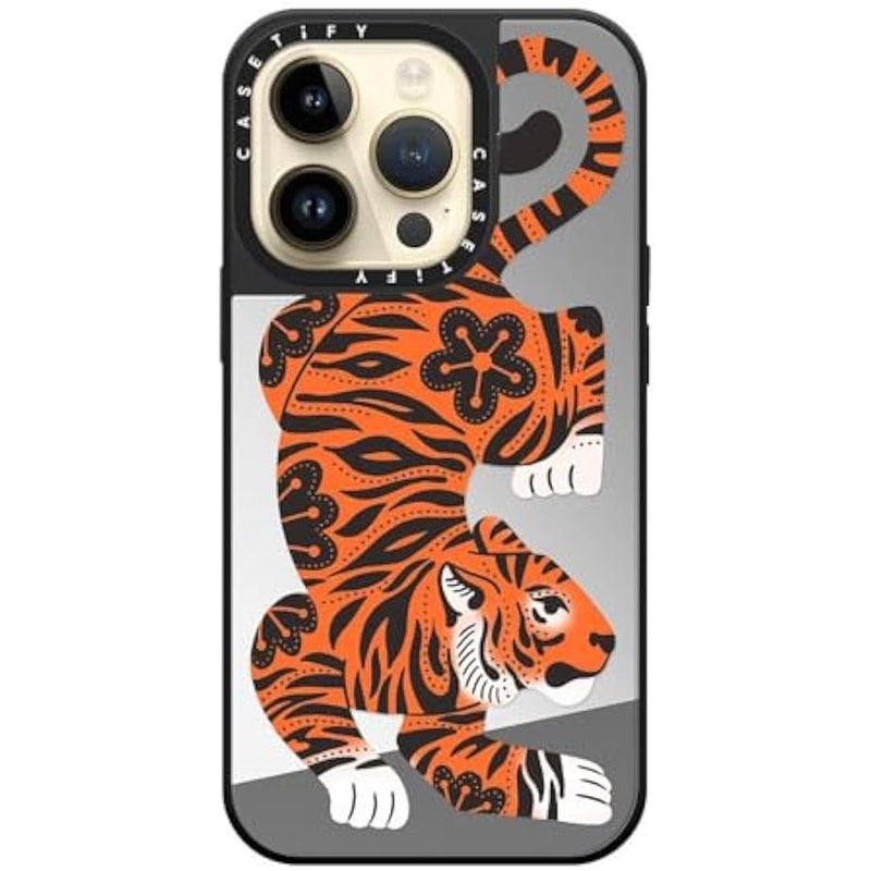 Casetify Mirror Case for iPhone 14 Pro Compatible with Magsafe - Fierce Tiger - Silver on Black - Image 3