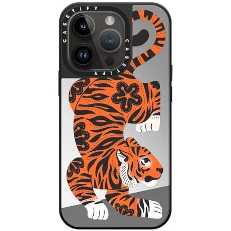 Casetify Mirror Case for iPhone 14 Pro Compatible with Magsafe - Fierce Tiger - Silver on Black - Image 2