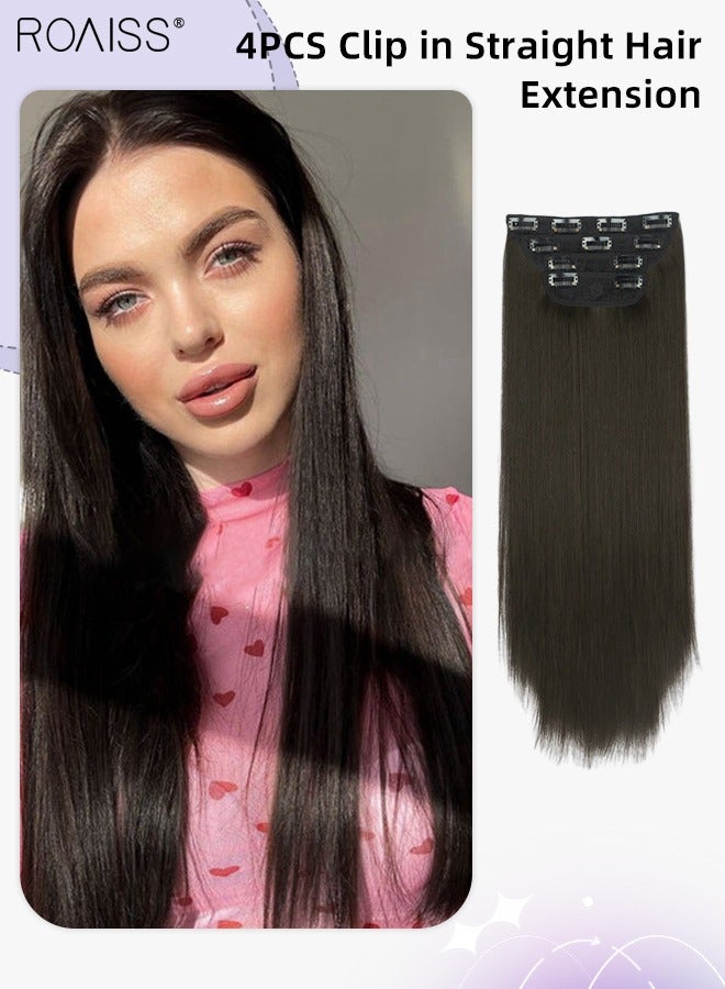 roaiss 4Pcs Clip in Straight Hair Extensions, Invisible Adjustable Long Synthetic Heat Resistant Hairpieces for Women Girls, Brown Black, 50cm (20 inch) - Image 1
