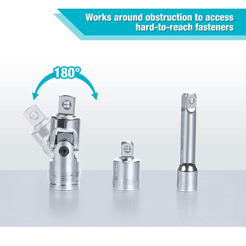 DURATECH 22-Piece Drive Tool Accessory Set, Including 1/4 3/8 1/2 Extension Bars, Socket Adapters, Universal Joints, Spark Plug Sockets, Professional Socket Accessories, Cr-V Steel, EVA Foam Package - Image 5