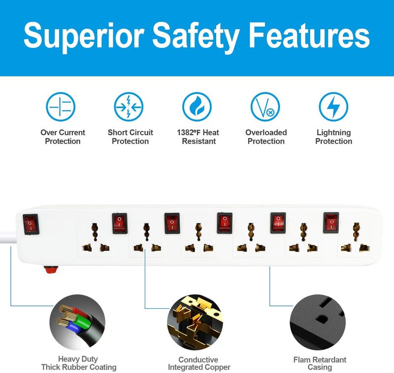 FEDUS لوحة تمديد بطول 13 قدم | صندوق تمديد 6 مقبس 6 مفتاح مع مفتاح، أسلاك تمديد، واقي من الارتفاع، لوحة تمديد بسلك بطول 4م (6 مقبس 6 مفتاح)، أبيض - Image 2