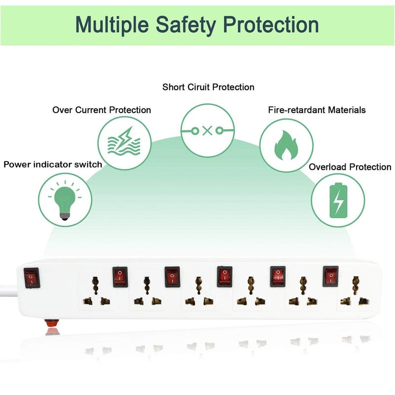 FEDUS لوحة تمديد بطول 13 قدم | صندوق تمديد 6 مقبس 6 مفتاح مع مفتاح، أسلاك تمديد، واقي من الارتفاع، لوحة تمديد بسلك بطول 4م (6 مقبس 6 مفتاح)، أبيض - Image 4