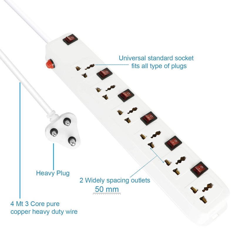 FEDUS لوحة تمديد بطول 13 قدم | صندوق تمديد 6 مقبس 6 مفتاح مع مفتاح، أسلاك تمديد، واقي من الارتفاع، لوحة تمديد بسلك بطول 4م (6 مقبس 6 مفتاح)، أبيض - Image 5