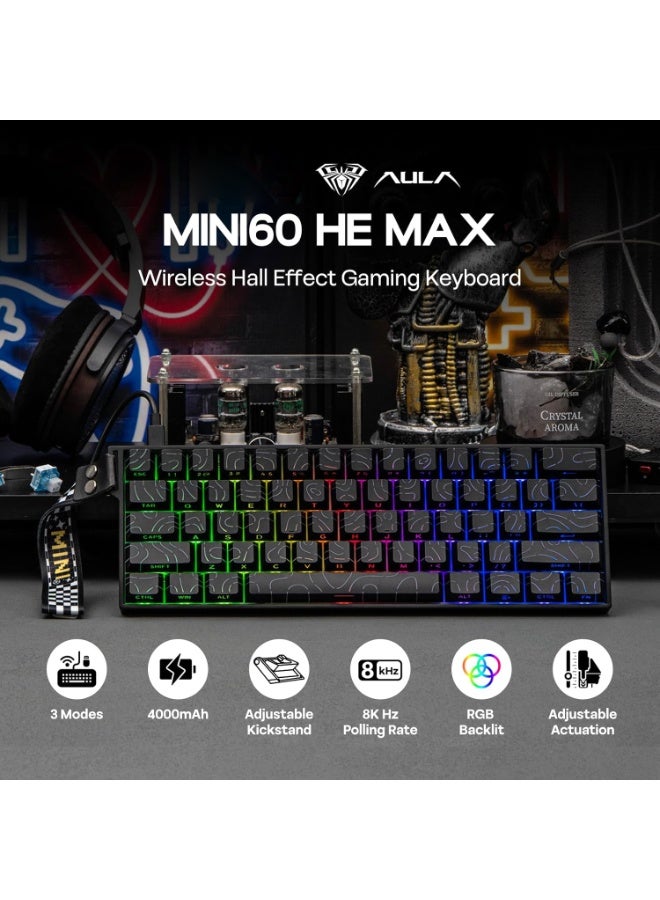 AULA MINI60 HE MAX Wireless Hall Effect Gaming Keyboard 60% 61-Key with Adjustable Actuation Rapid Trigger 0.01mm Sensitivity Tri-Mode Bluetooth 5.0 / 2.4GHz / USB-C RGB Backlit PBT Keycaps SOCD DKS Magnetic Custom Keyboard for PC Mac - Image 3