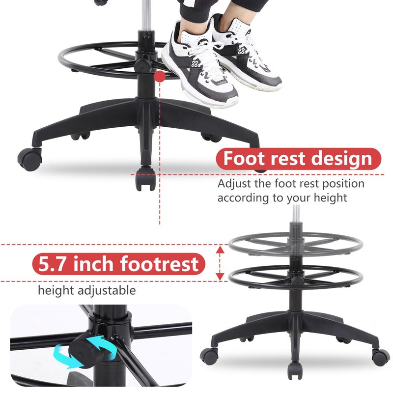 BestOffice Drafting Chair Tall Office Chair Adjustable Swivel Rolling Mesh Height with Lumbar Support Arms Footrest Mid Back for Adults Standing Desk Drafting Stool(Black) - Image 4