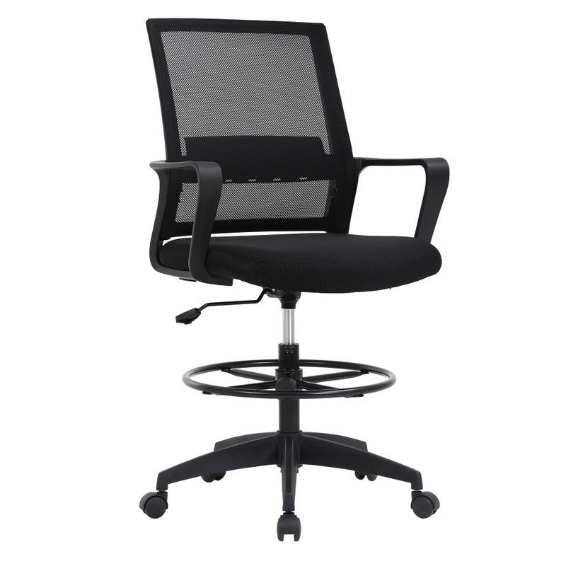 BestOffice Drafting Chair Tall Office Chair Adjustable Swivel Rolling Mesh Height with Lumbar Support Arms Footrest Mid Back for Adults Standing Desk Drafting Stool(Black) - Image 1