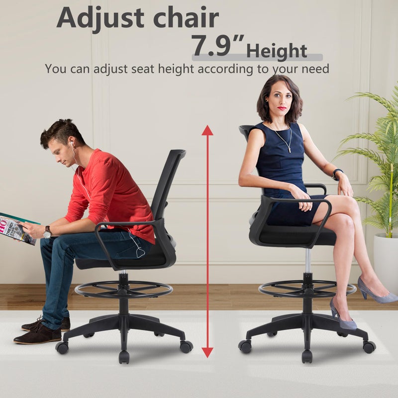 BestOffice Drafting Chair Tall Office Chair Adjustable Swivel Rolling Mesh Height with Lumbar Support Arms Footrest Mid Back for Adults Standing Desk Drafting Stool(Black) - Image 3