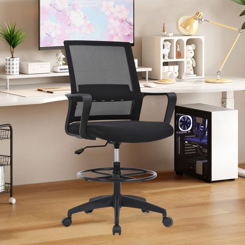 BestOffice Drafting Chair Tall Office Chair Adjustable Swivel Rolling Mesh Height with Lumbar Support Arms Footrest Mid Back for Adults Standing Desk Drafting Stool(Black) - Image 2