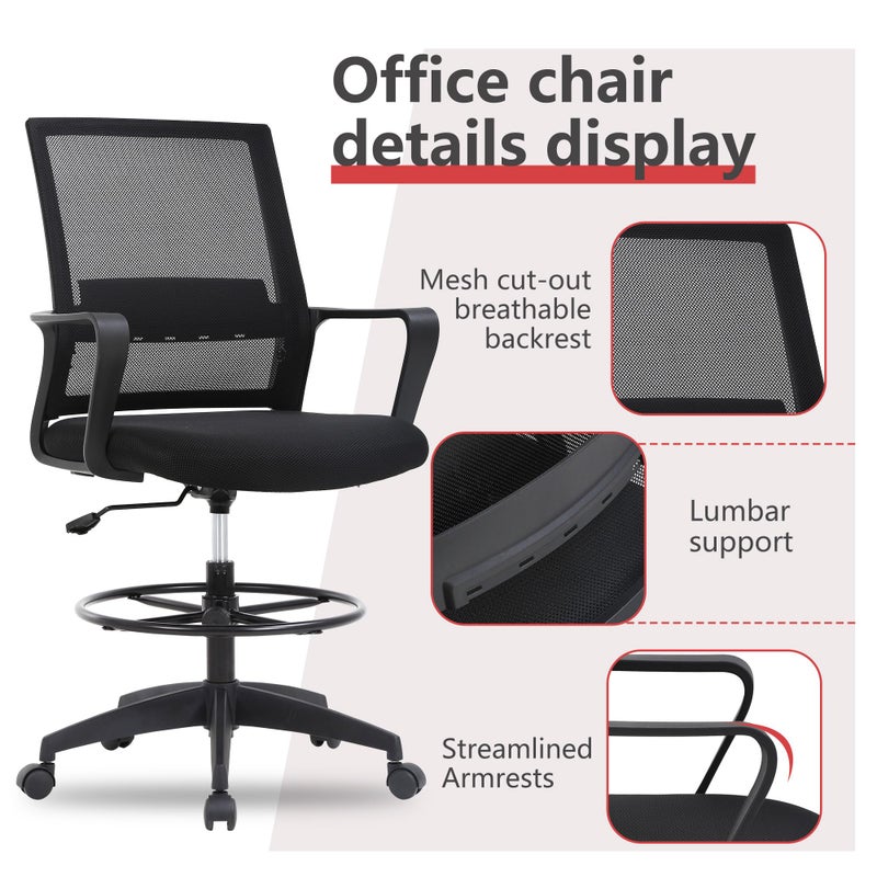 BestOffice Drafting Chair Tall Office Chair Adjustable Swivel Rolling Mesh Height with Lumbar Support Arms Footrest Mid Back for Adults Standing Desk Drafting Stool(Black) - Image 5