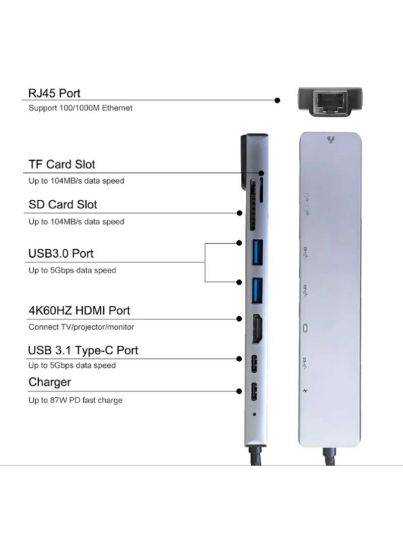 Megamus - 4K Multifunctional Adapter 8V1 USB RJ45 HD Ethernet Adapter USB 3.0 Card Reader PD/SD/TF - Image 1