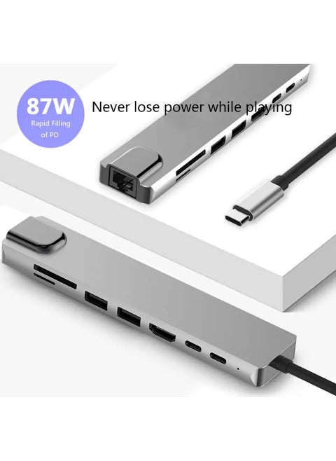 4K Multifunctional Adapter 8V1 USB RJ45 HD Ethernet Adapter USB 3.0 Card Reader PD/SD/TF