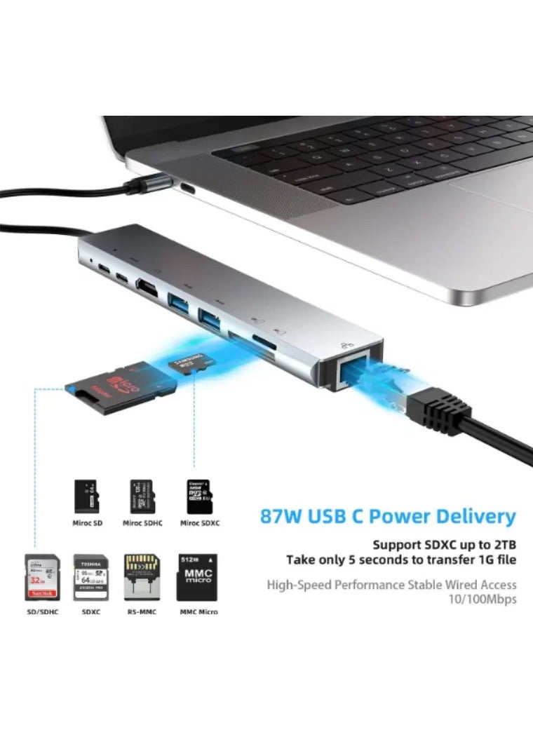 Megamus - 4K Multifunctional Adapter 8V1 USB RJ45 HD Ethernet Adapter USB 3.0 Card Reader PD/SD/TF - Image 1