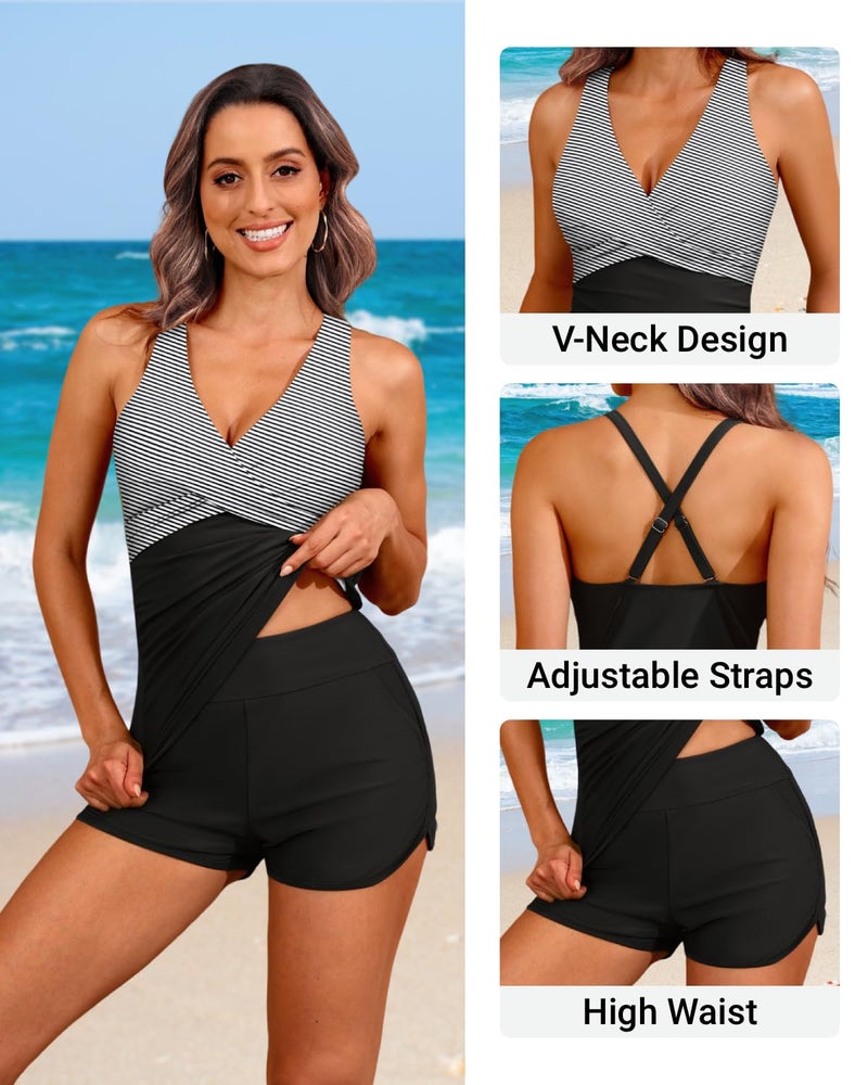 Tempt Me Women Black Stripe Tankini Swimsuits with Shorts - Two Piece Tummy Control Bathing Suits Top with Two Pockets Bottom Swimwear XL - Image 4