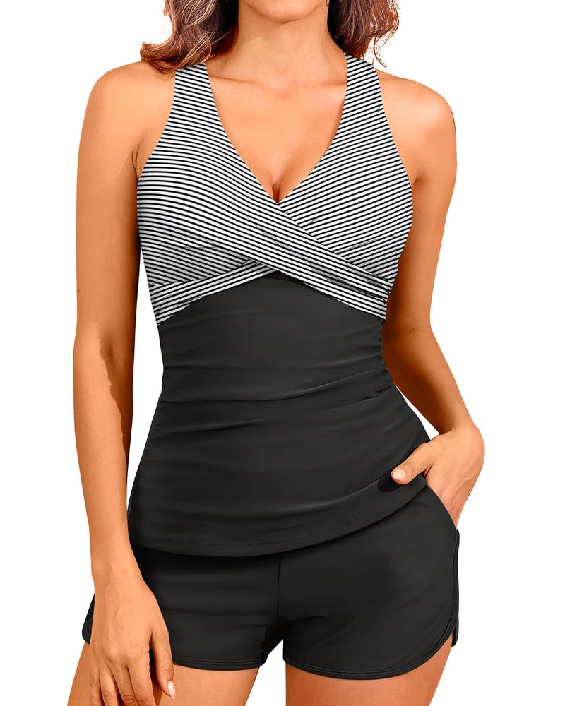 Tempt Me Women Black Stripe Tankini Swimsuits with Shorts - Two Piece Tummy Control Bathing Suits Top with Two Pockets Bottom Swimwear XL - Image 1