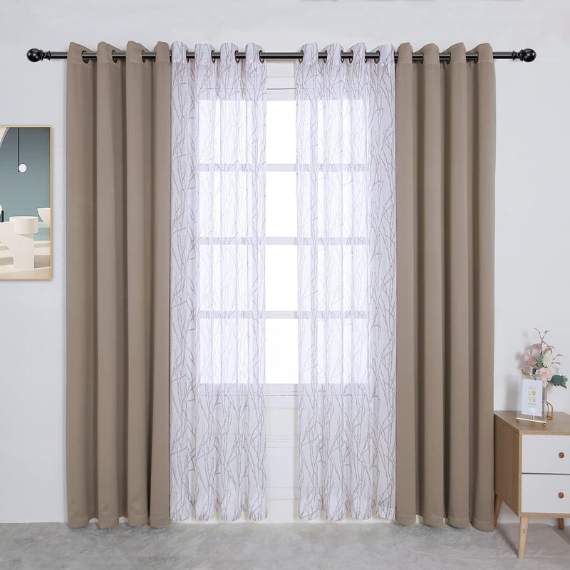 BONZER Mix and Match Curtains  2 Pieces Branch Print Sheer Curtains and 2 Pieces Blackout Curtains for Bedroom Living Room Grommet Window Drapes 54x63 InchPanel Taupe Set of 4 Panels