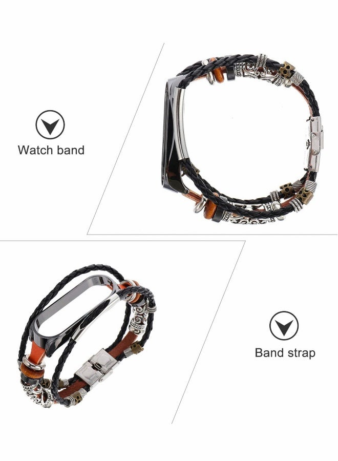 Wrist Strap for Mi Band 5, PU Leather Band with Lightweight Metal Frame DIY Handmade Beaded Retro Ethnic Style Watchband,Replacement Watch Strap with Case for Women Men - Image 3