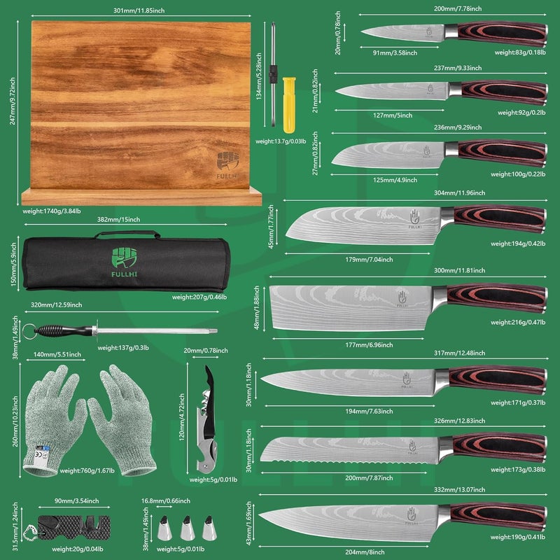 FULLHI 14/15pcs Japanese Multiple Colour Premium German Stainless Steel Kitchen Knife Set (Coffee wood, Magnetic Block Knife set) - Image 2