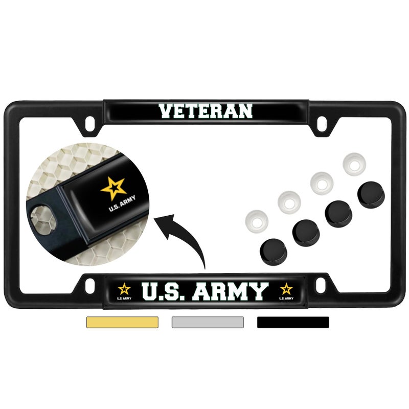 BestLicensePlateFrames [Officially Licensed Product] - Veteran U.S. Army with Star Logo - Domed Custom-Made Personalized Narrow (Thin) Top 4 Hole Metal Car License Plate Frame with Free caps - Black (Quantity: 1 Frame) - Image 1