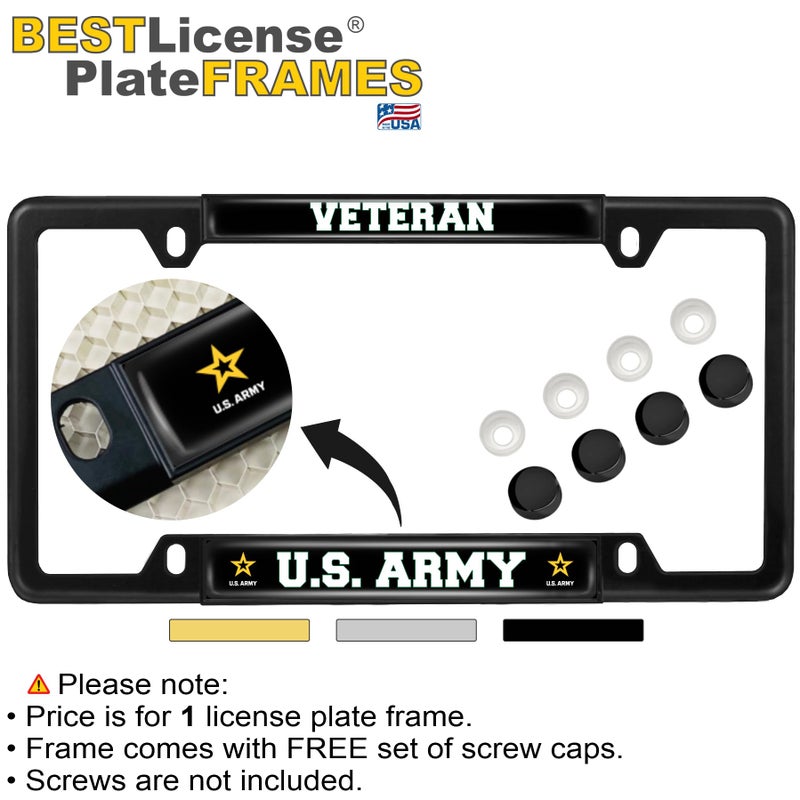 BestLicensePlateFrames [Officially Licensed Product] - Veteran U.S. Army with Star Logo - Domed Custom-Made Personalized Narrow (Thin) Top 4 Hole Metal Car License Plate Frame with Free caps - Black (Quantity: 1 Frame) - Image 2