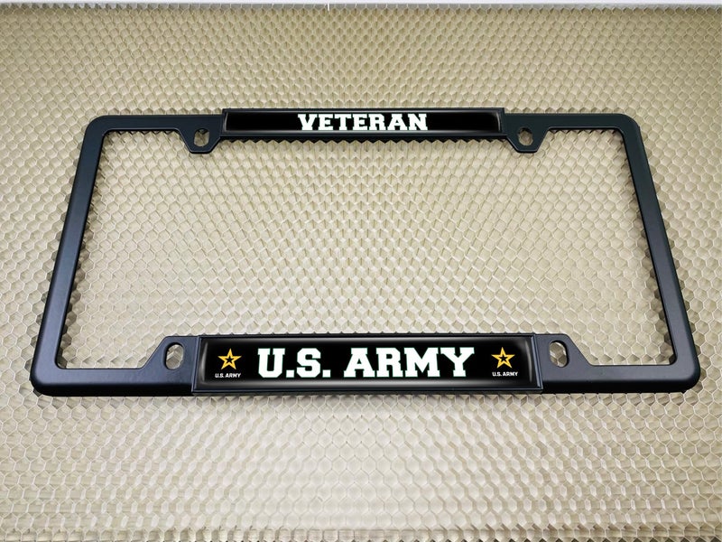 BestLicensePlateFrames [Officially Licensed Product] - Veteran U.S. Army with Star Logo - Domed Custom-Made Personalized Narrow (Thin) Top 4 Hole Metal Car License Plate Frame with Free caps - Black (Quantity: 1 Frame) - Image 4