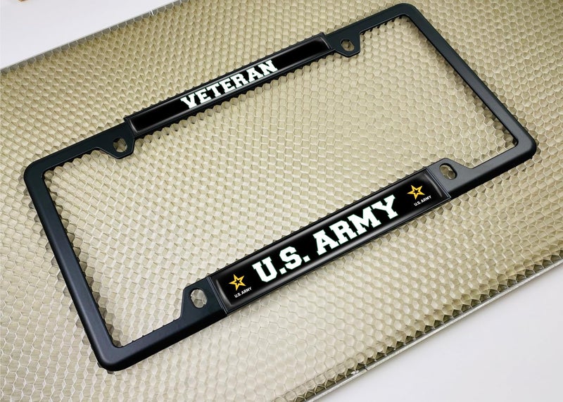 BestLicensePlateFrames [Officially Licensed Product] - Veteran U.S. Army with Star Logo - Domed Custom-Made Personalized Narrow (Thin) Top 4 Hole Metal Car License Plate Frame with Free caps - Black (Quantity: 1 Frame) - Image 3