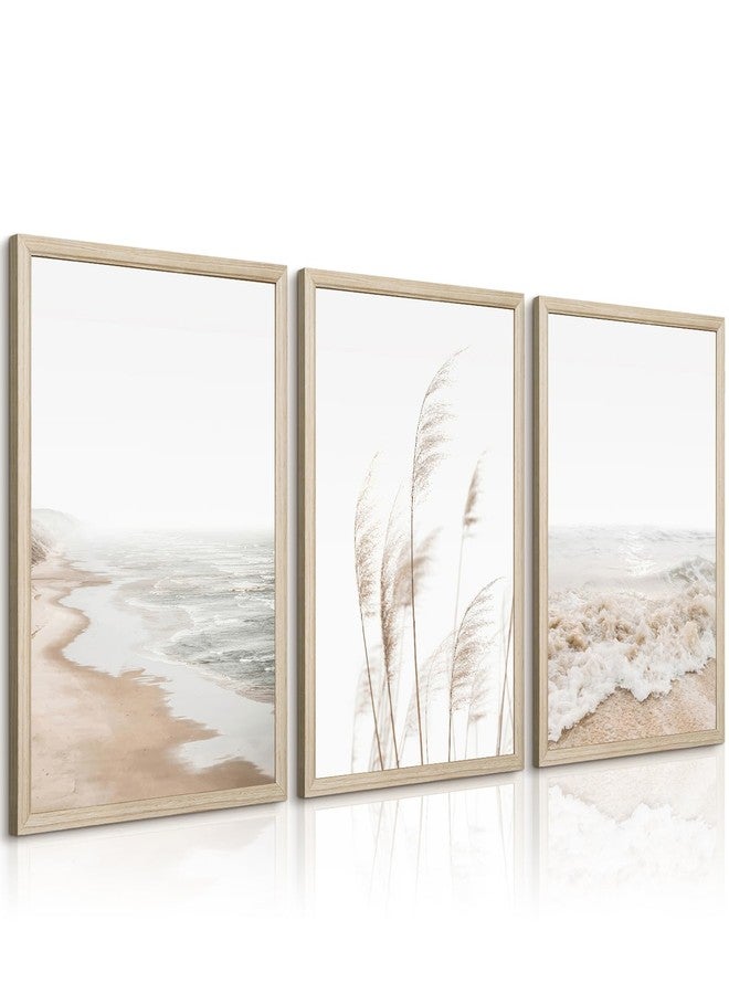 Joocrise Beach Wall Art Boho Prints Coastal Canvas Wall Art Beach Pictures Pampas Grass Ocean Poster Plant Landscape Beach Scene Artwork for Living Room Bedroom Decor 12x16x3 Inch Wood Framed - Image 1