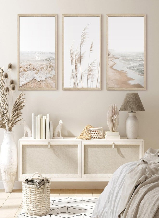 Joocrise Beach Wall Art Boho Prints Coastal Canvas Wall Art Beach Pictures Pampas Grass Ocean Poster Plant Landscape Beach Scene Artwork for Living Room Bedroom Decor 12x16x3 Inch Wood Framed - Image 4