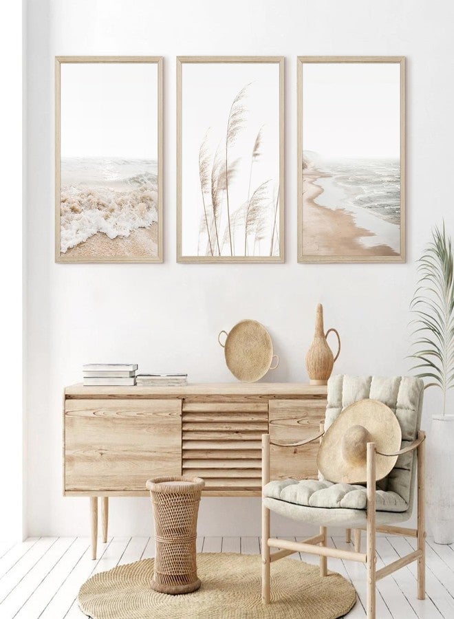 Joocrise Beach Wall Art Boho Prints Coastal Canvas Wall Art Beach Pictures Pampas Grass Ocean Poster Plant Landscape Beach Scene Artwork for Living Room Bedroom Decor 12x16x3 Inch Wood Framed - Image 5