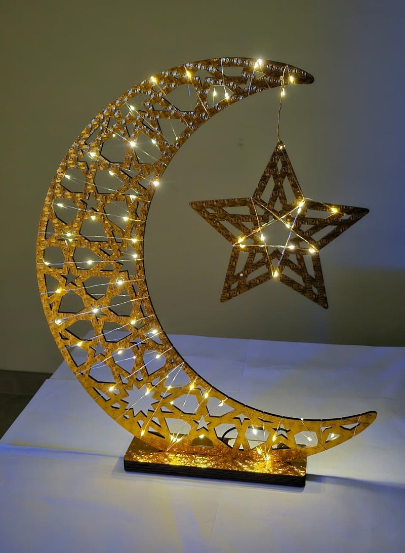 يوويل قطعة مركزية أنيقة لتزيين طاولة رمضان، مزودة بإضاءة LED على شكل هلال خشبي ذهبي، مثالية للمنزل والمكتب والمتاجر. هلال إسلامي أنيق، هدية رائعة لرمضان والعيد، بطول 65 سم. - Image 4