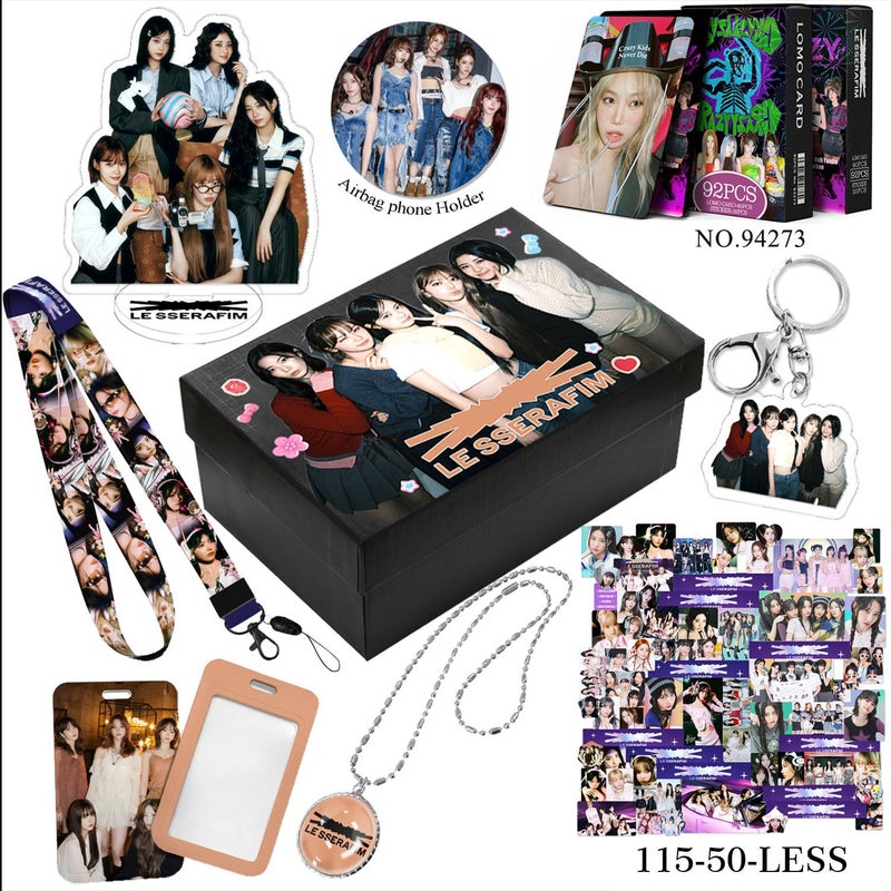 LE SSERAFIM KPop Gift Set – Lemo Cards, Keychain, Necklace, Lanyard, Acrylic Stand, Stickers, Airbag Phone Holder – Fan Collectible Box for Women & Girls