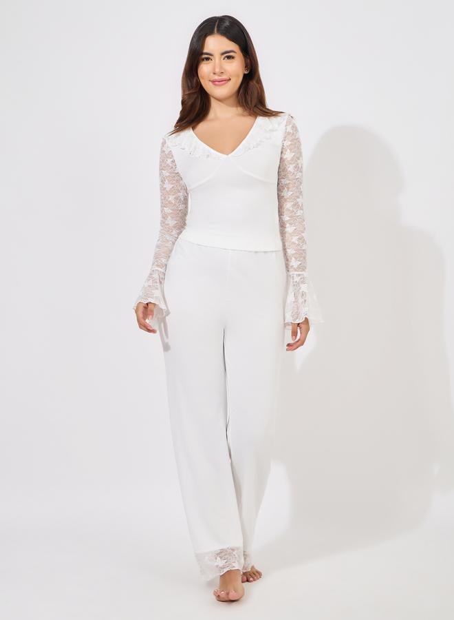 Styli Styli Butterfly Lace Ruffle Neck Top and Pyjama Set  - Image 1