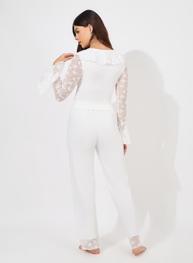 Styli Styli Butterfly Lace Ruffle Neck Top and Pyjama Set  - Image 4