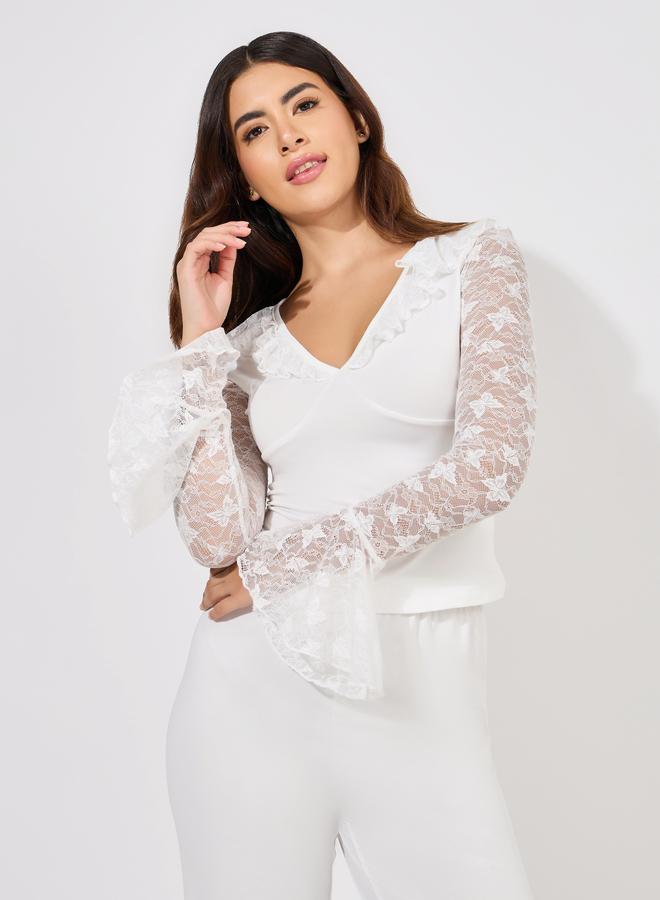 Styli Styli Butterfly Lace Ruffle Neck Top and Pyjama Set  - Image 2