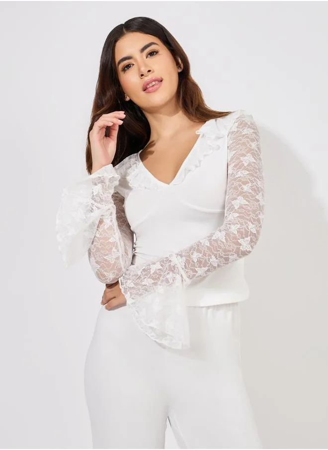 Styli Butterfly Lace Ruffle Neck Top & Pyjama Set