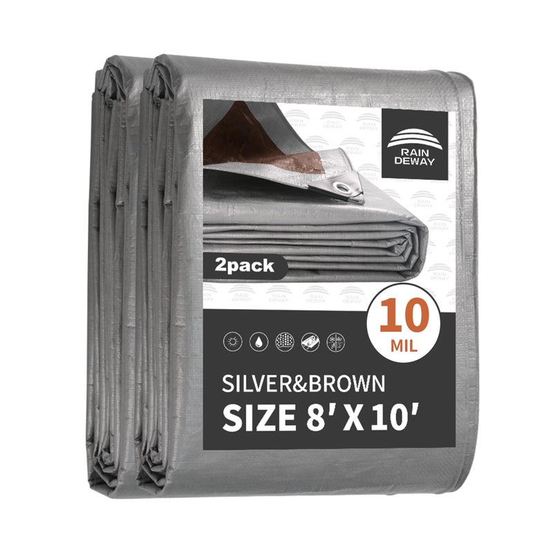 RAINDEWAY Tarps Heavy Duty Waterproof 8X10 Feet (2 Pack) 10Mil Multipurpose Poly Tarp Cover With Metal Grommets And Reinforced Edges Silver/Brown Tarp By Raindeway - Image 1