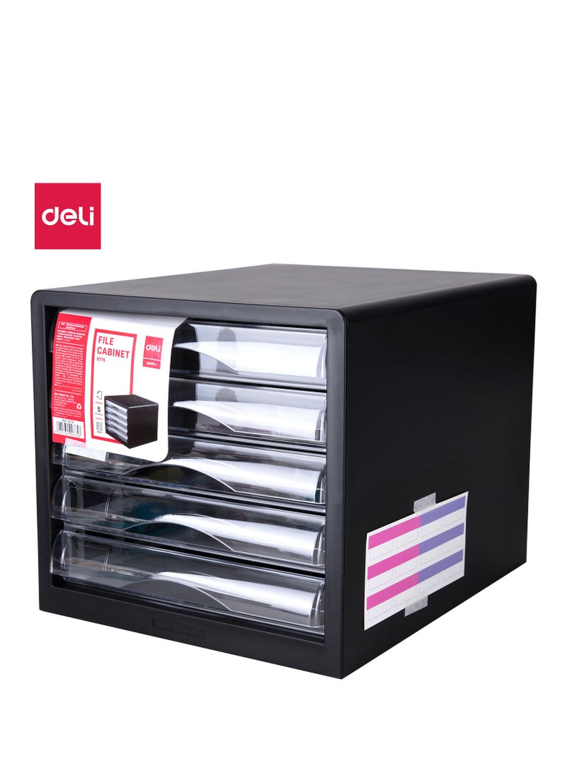 Deli Deli E9775 5 Drawer File Cabinet, Black, High-Quality PP Material, Translucent Drawers with Stickers for Easy Organization  - Image 1