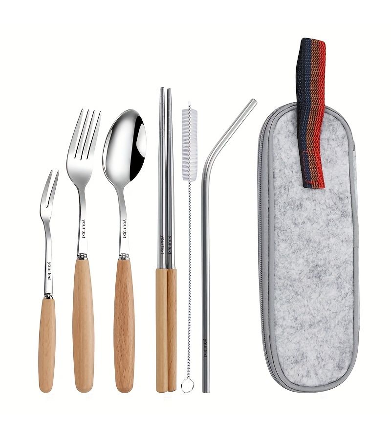 410 Stainless Steel Wooden Handle Tableware Set 7pcs With Travel Bag - Image 5