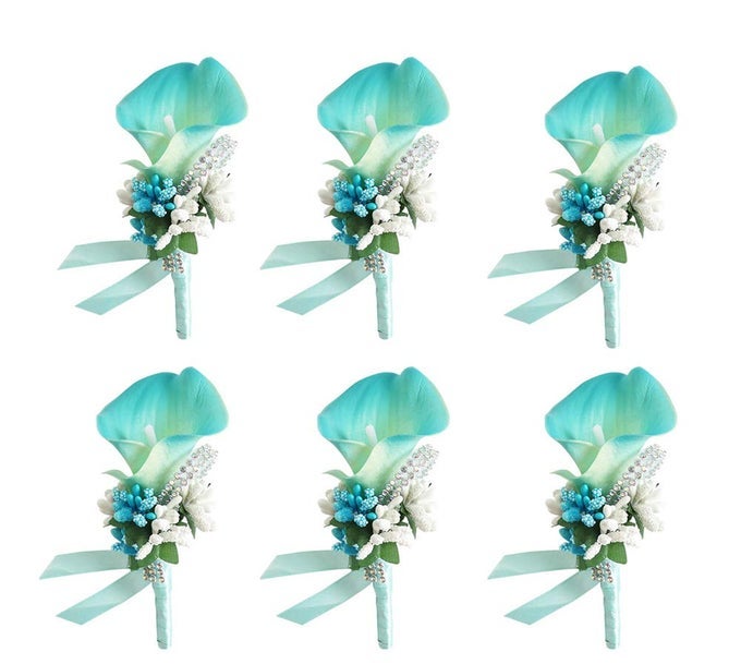 CALLA LILY BLUE BOUTONNIERE HANDMADE SILK FLOWER WITH RIBBON CORSAGE FOR BRIDE GROOM WEDDING PARTY 6 PACKS